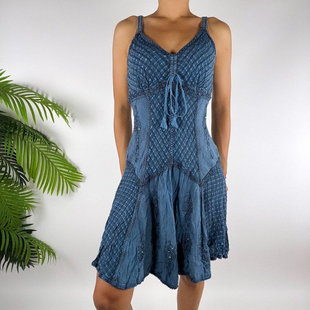Vintage Y2K Blue Fairycore Cottagecore Sleeveless Lace Corset Mini Dress / OS